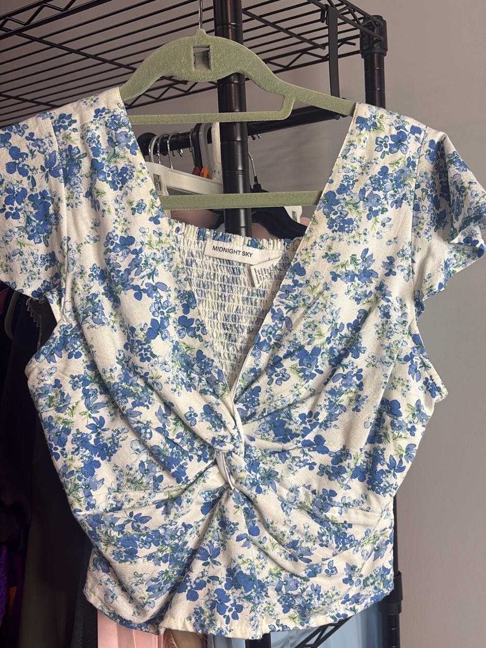 Blue Floral Twist-Front Crop Top